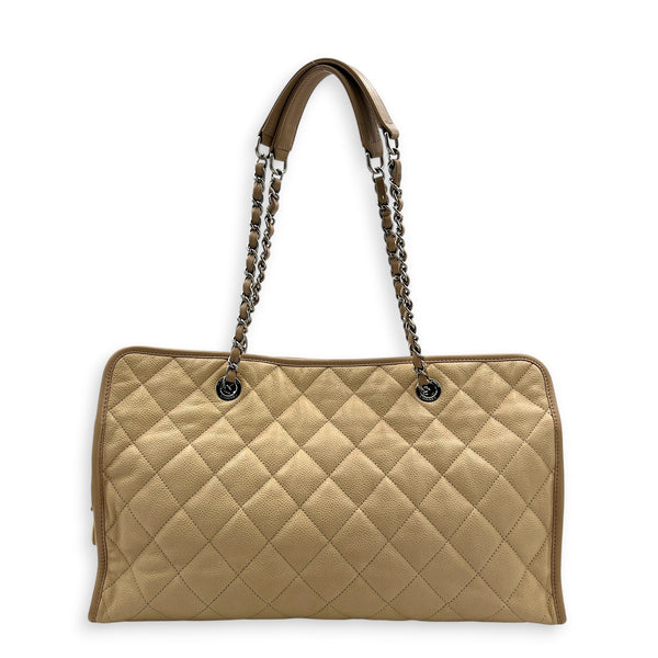 French Riviera Beige Shoulder Bag in Caviar Leather, Silver hardware