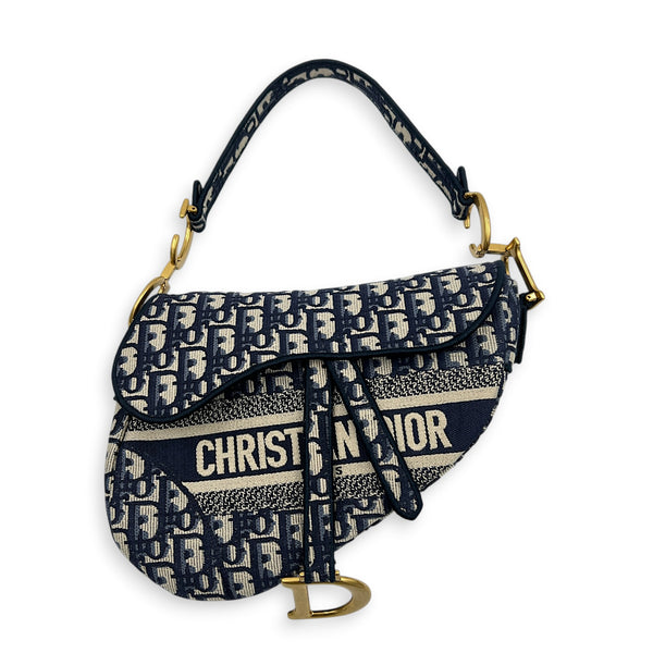 Saddle Medium Blue Shoulder Bag in Jacquard, Gold hardware