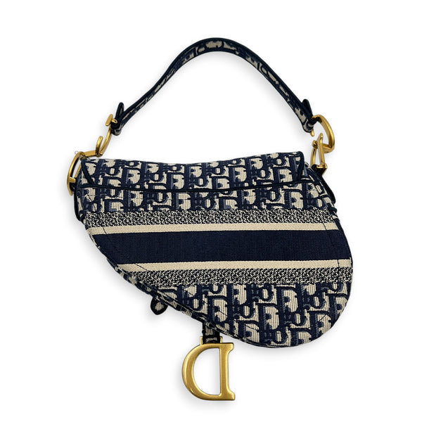 Saddle Medium Blue Shoulder Bag in Jacquard, Gold hardware