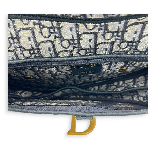 Saddle Medium Blue Shoulder Bag in Jacquard, Gold hardware