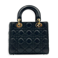 Lady Dior Small Black Top Handle Bag in Lambskin, Gold hardware