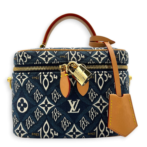 Vanity Blue Top Handle Bag in Jacquard, Gold hardware