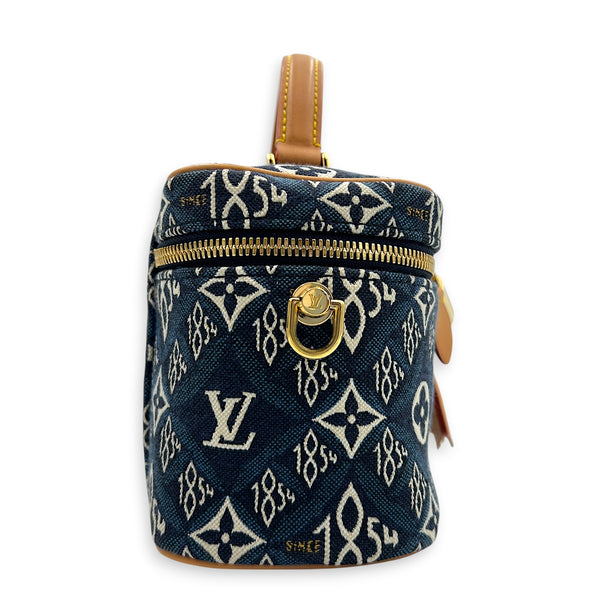 Vanity Blue Top Handle Bag in Jacquard, Gold hardware