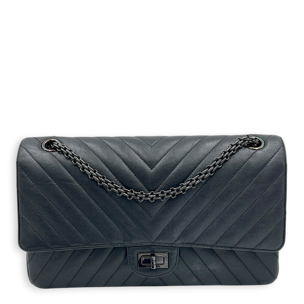 2.55 Medium Black Chevron Shoulder Bag in Calfskin, So Black hardware