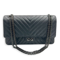 2.55 Medium Black Chevron Shoulder Bag in Calfskin, So Black hardware