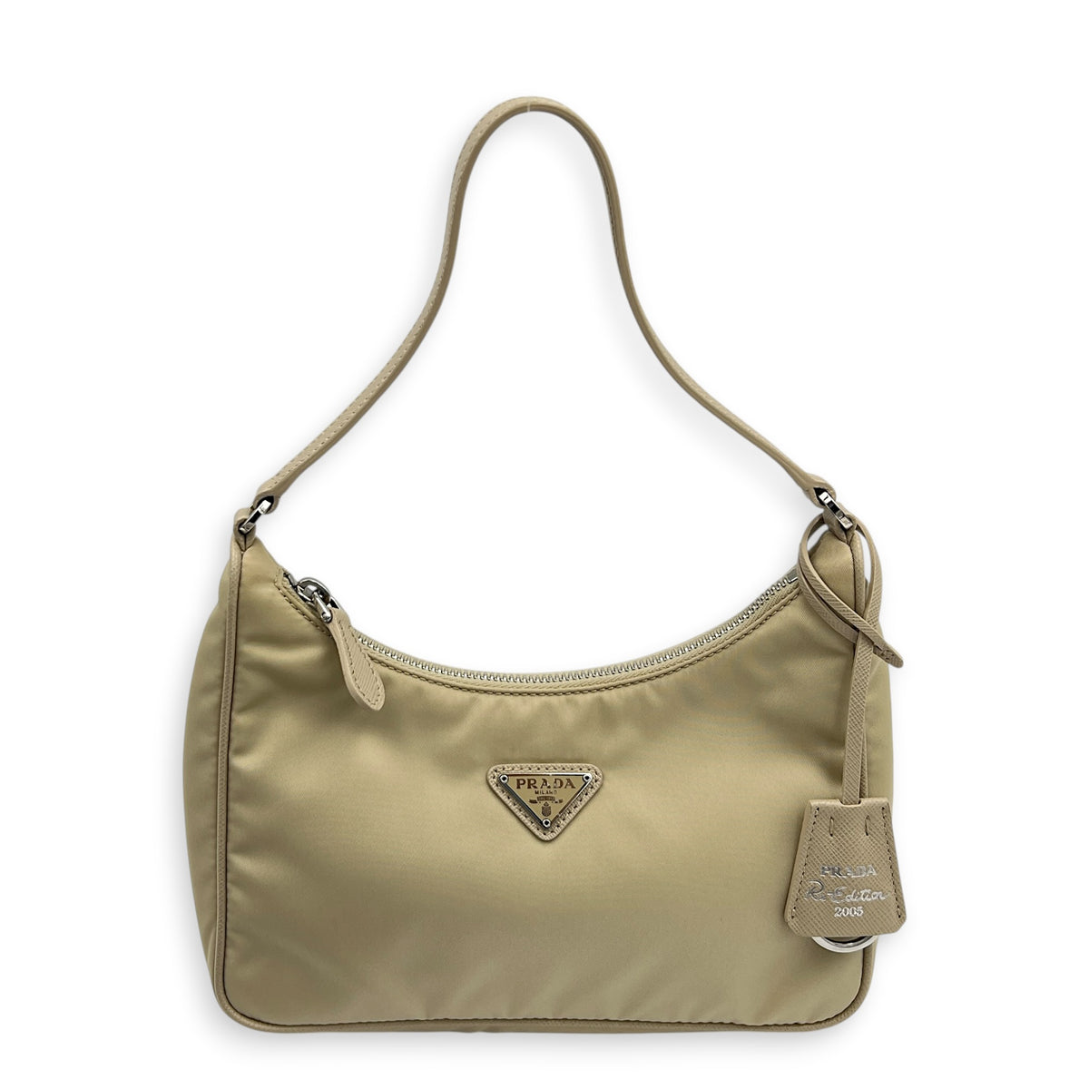 Re-Nylon Beige Shoulder Bag in Nylon, Silver hardware