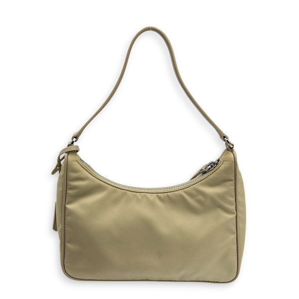 Re-Nylon Beige Shoulder Bag in Nylon, Silver hardware