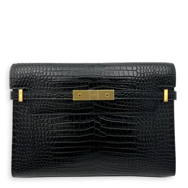 Saint Laurent Manhattan Shoulder Bag Black in Crocodile Embossed Calfskin, Gold hardware_1