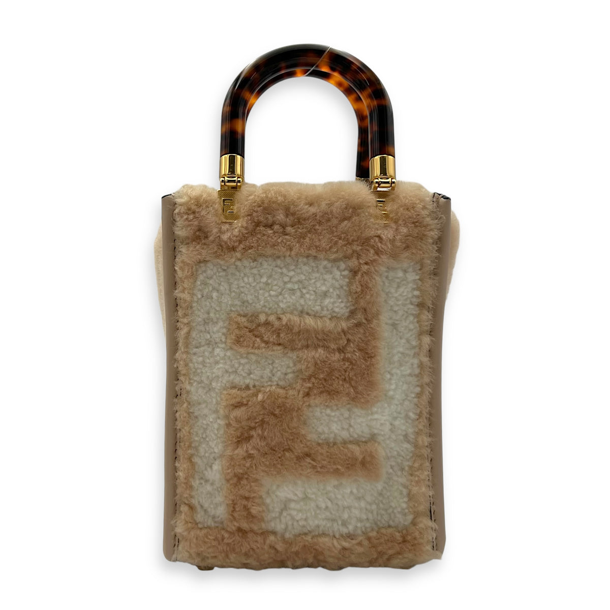 Fendi Sunshine Top Handle Bag Mini Beige in Faux Fur, Gold hardware_1