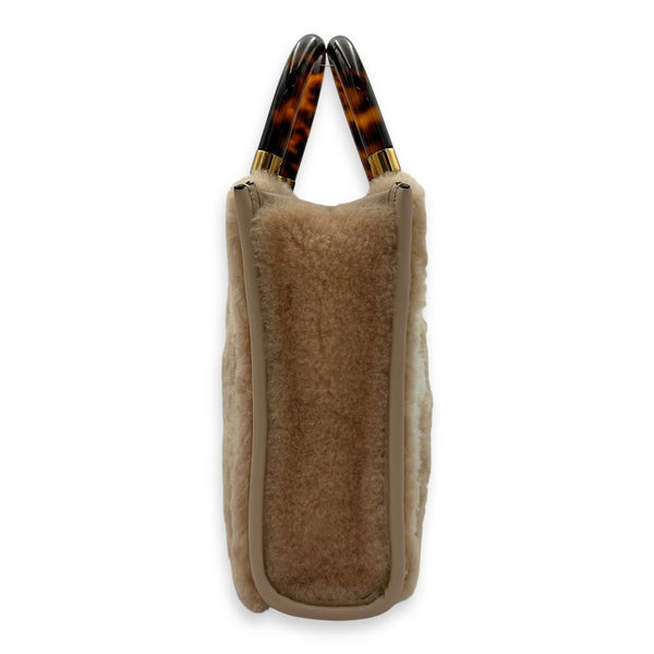 Fendi Sunshine Top Handle Bag Mini Beige in Faux Fur, Gold hardware_4