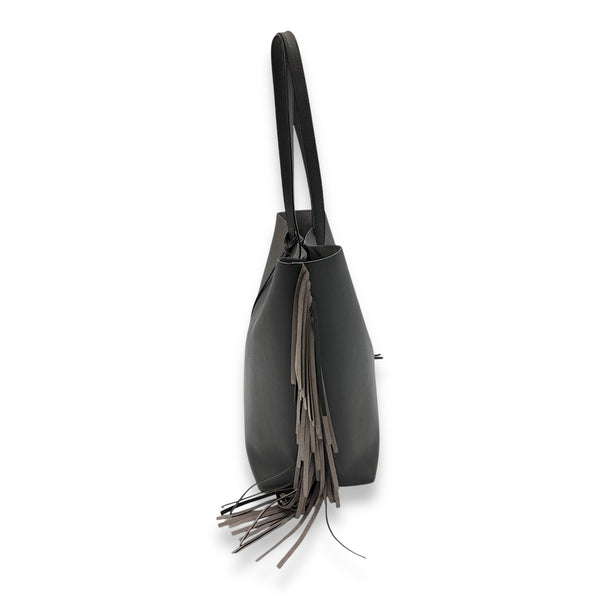 Saint Laurent East West Shopping Fringe Tote Bag Grey in Calfskin, Silver hardware_4