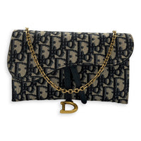 Christian Dior Saddle Wallet On Chain Blue in Jacquard, Gold hardware_12
