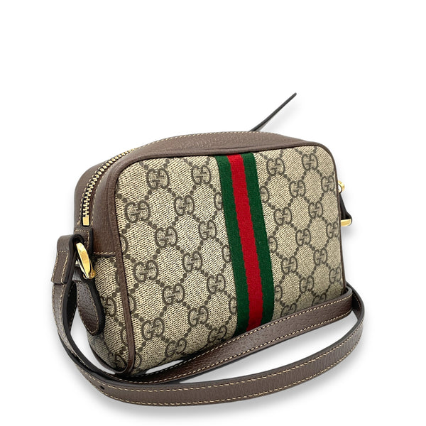 GG Supreme Web Ophidia Brown Crossbody Bag in Monogram Coated Canvas, Gold hardware