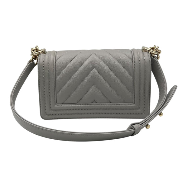 Chanel Chevron Quilted Boy Small Grey Shoulder Bag in Caviar Leather, Gold hardware_2