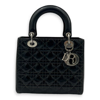 Lady Dior Top Handle Bag Medium Black in Patent Leather, Silver hardware