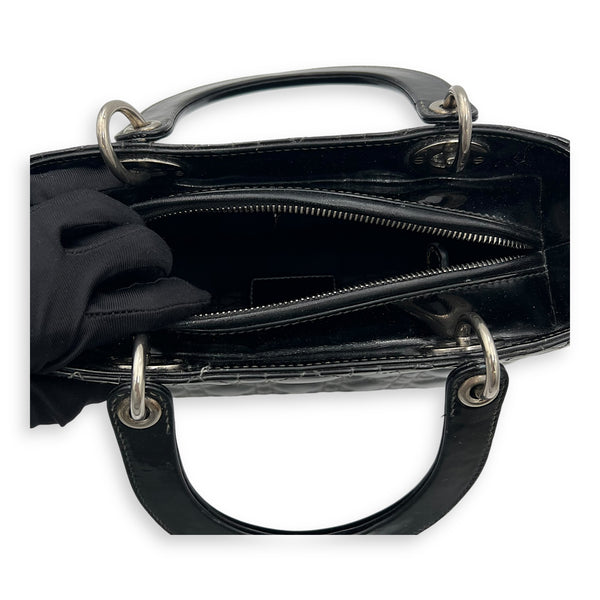 Lady Dior Top Handle Bag Medium Black in Patent Leather, Silver hardware