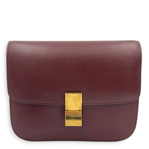 Box Medium Maroon Shoulder Bag in Calfskin, Gold hardware
