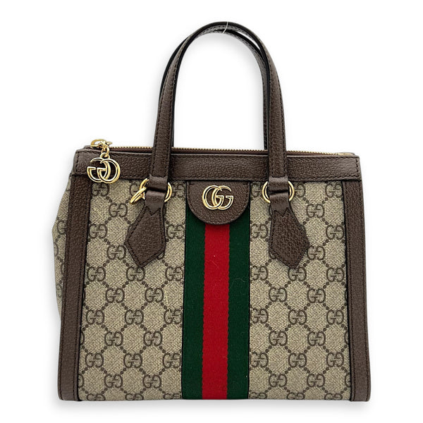 Ophidia Top Handle Bag Brown in Coated Canvas, Gold hardware