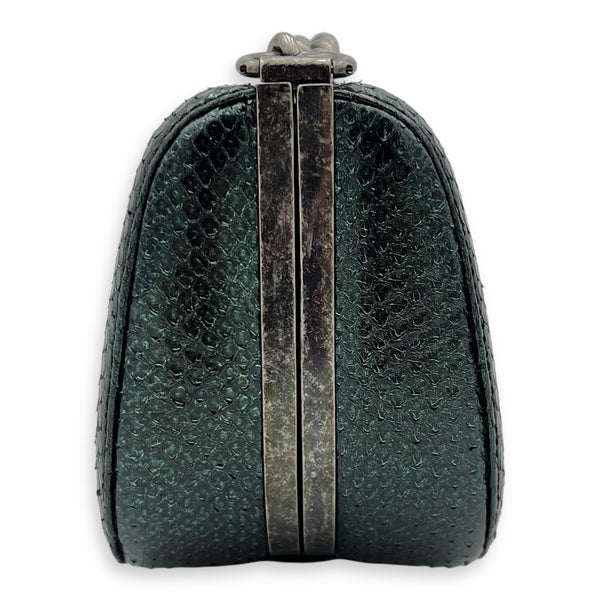 Kisslock Shoulder Bag Green in Python Leather, Silver hardware