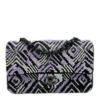 CC Regtangle Sequin Embroidered Flap Silver Shoulder Bag in, Black hardware
