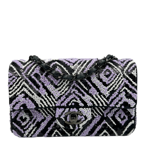CC Regtangle Sequin Embroidered Flap Silver Shoulder Bag in, Black hardware