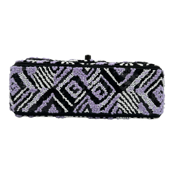 CC Regtangle Sequin Embroidered Flap Silver Shoulder Bag in, Black hardware
