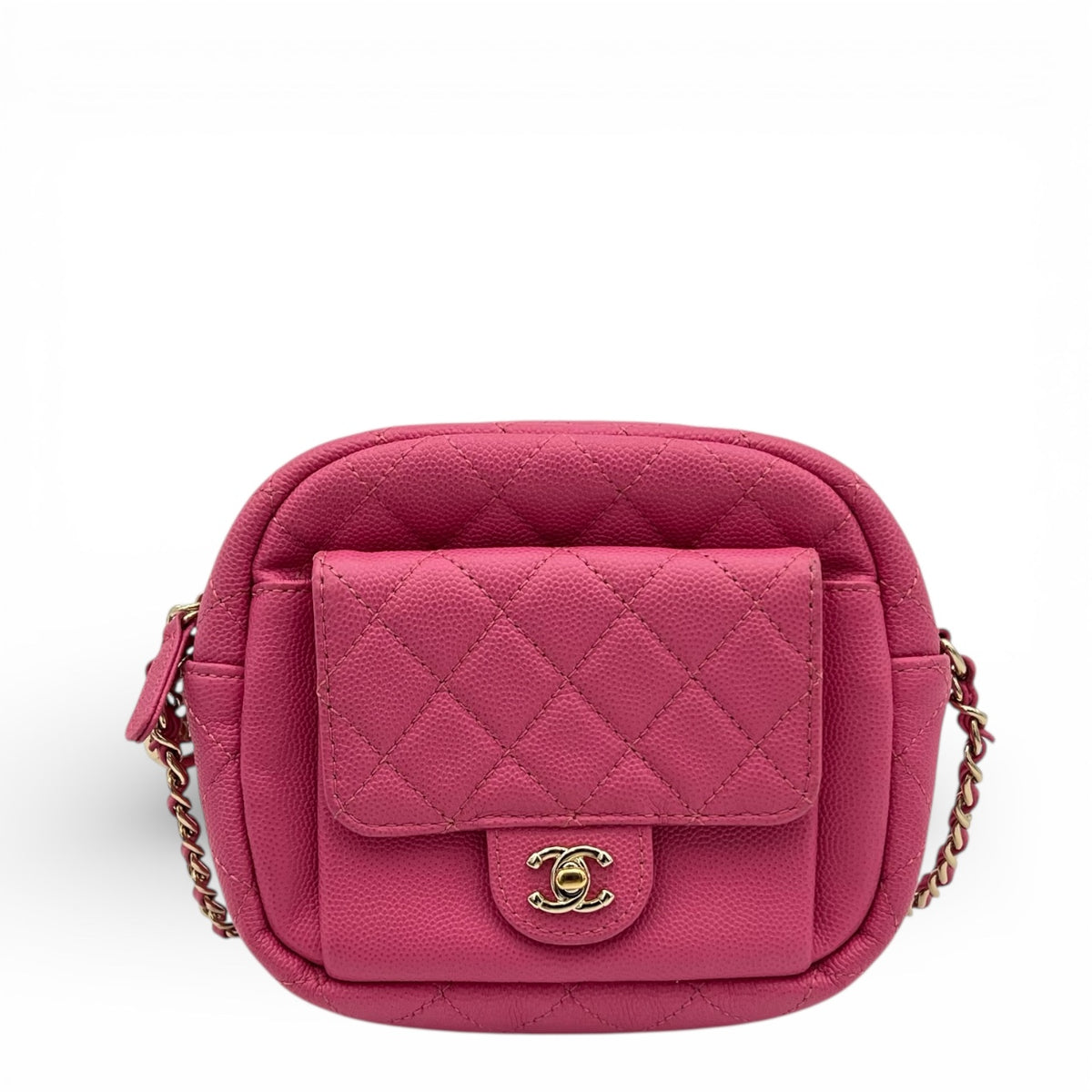 CC Day Camera Chain Shoulder Bag Pink in Caviar Leather, Gold hardware
