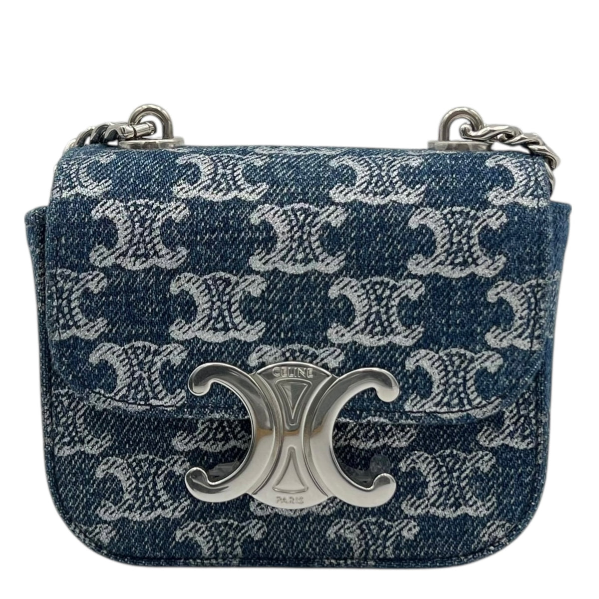 Triomphe Claude Shoulder Bag Mini Blue in Denim, Silver hardware
