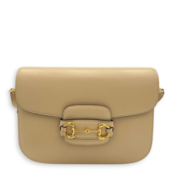 Horsebit 1955 Shoulder Bag Beige in Calfskin, Gold hardware