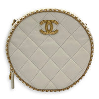 Round Chain Around Shoulder Bag White in Lambskin, Gold hardware