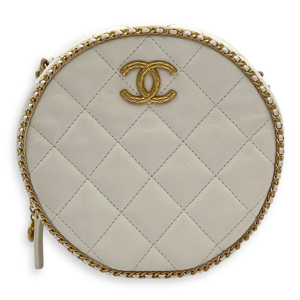 Round Chain Around Shoulder Bag White in Lambskin, Gold hardware