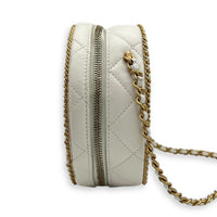 Round Chain Around Shoulder Bag White in Lambskin, Gold hardware