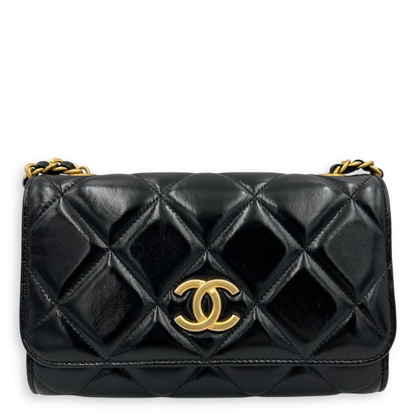 CC Black Wallet On Chain in Patent Leather, Brushed Gold hardware