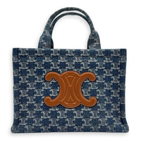 Triomphe Cabas Tote Bag Blue in Denim, Gold hardware