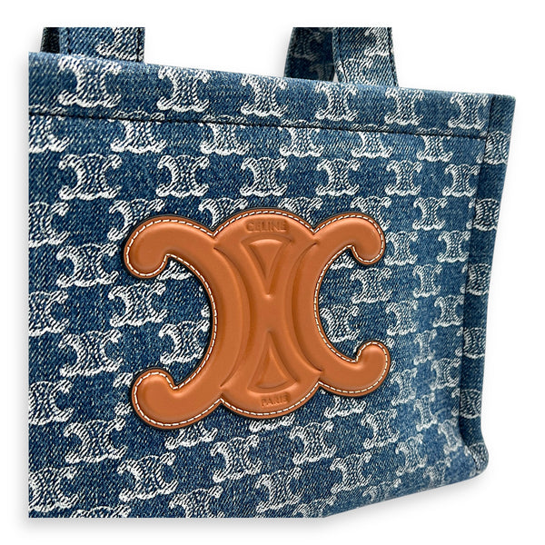 Triomphe Cabas Tote Bag Blue in Denim, Gold hardware