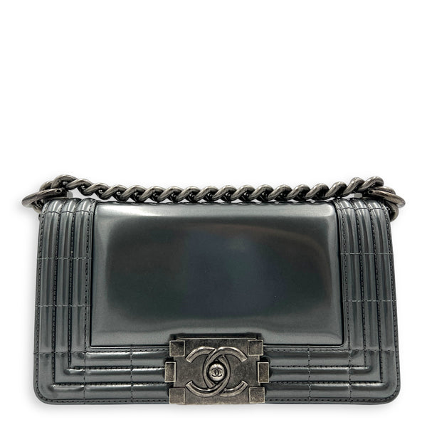 Boy Shoulder Bag Mini Silver in Patent Leather, Ruthenium hardware