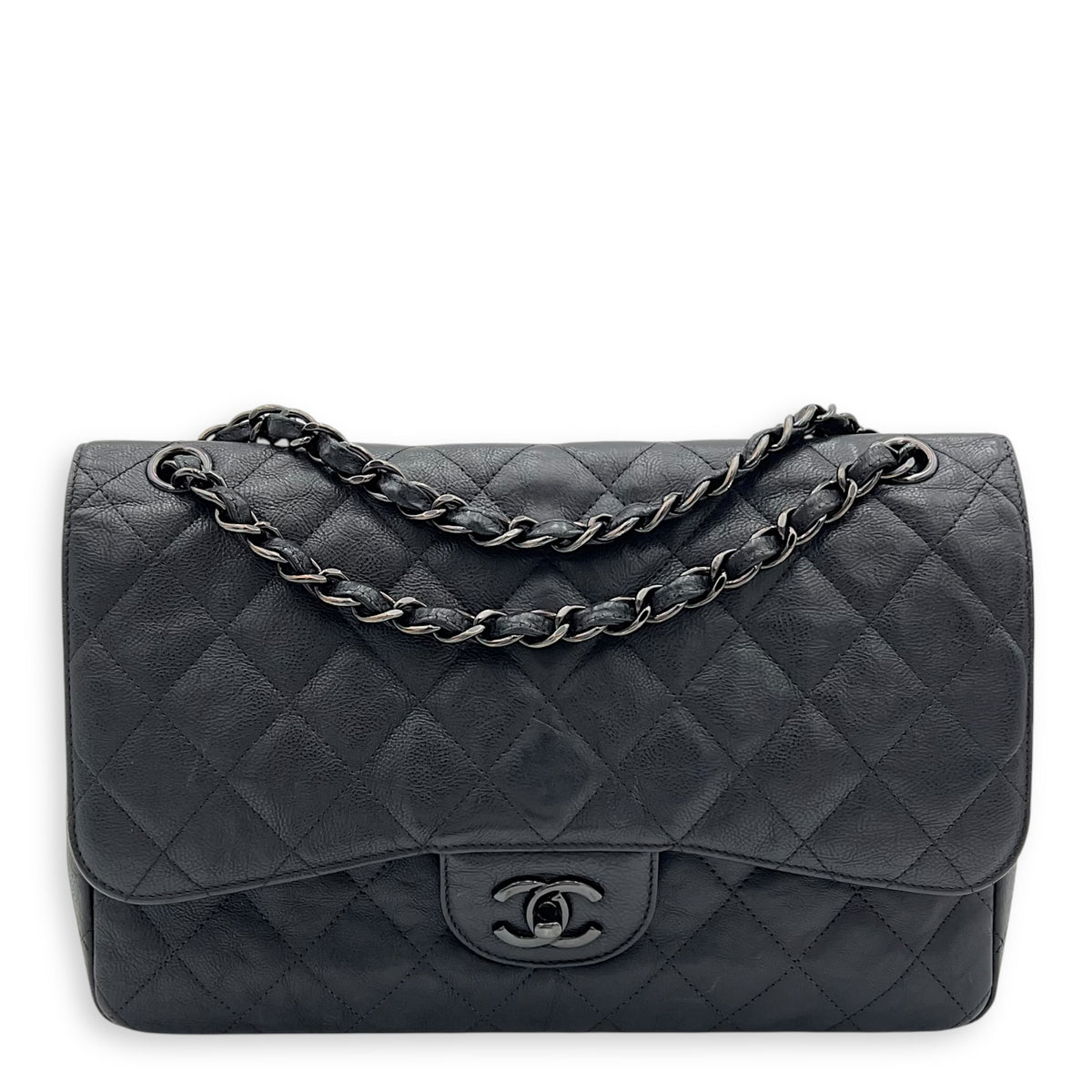 Classic Jumbo Black Shoulder Bag in Calfskin, Black hardware