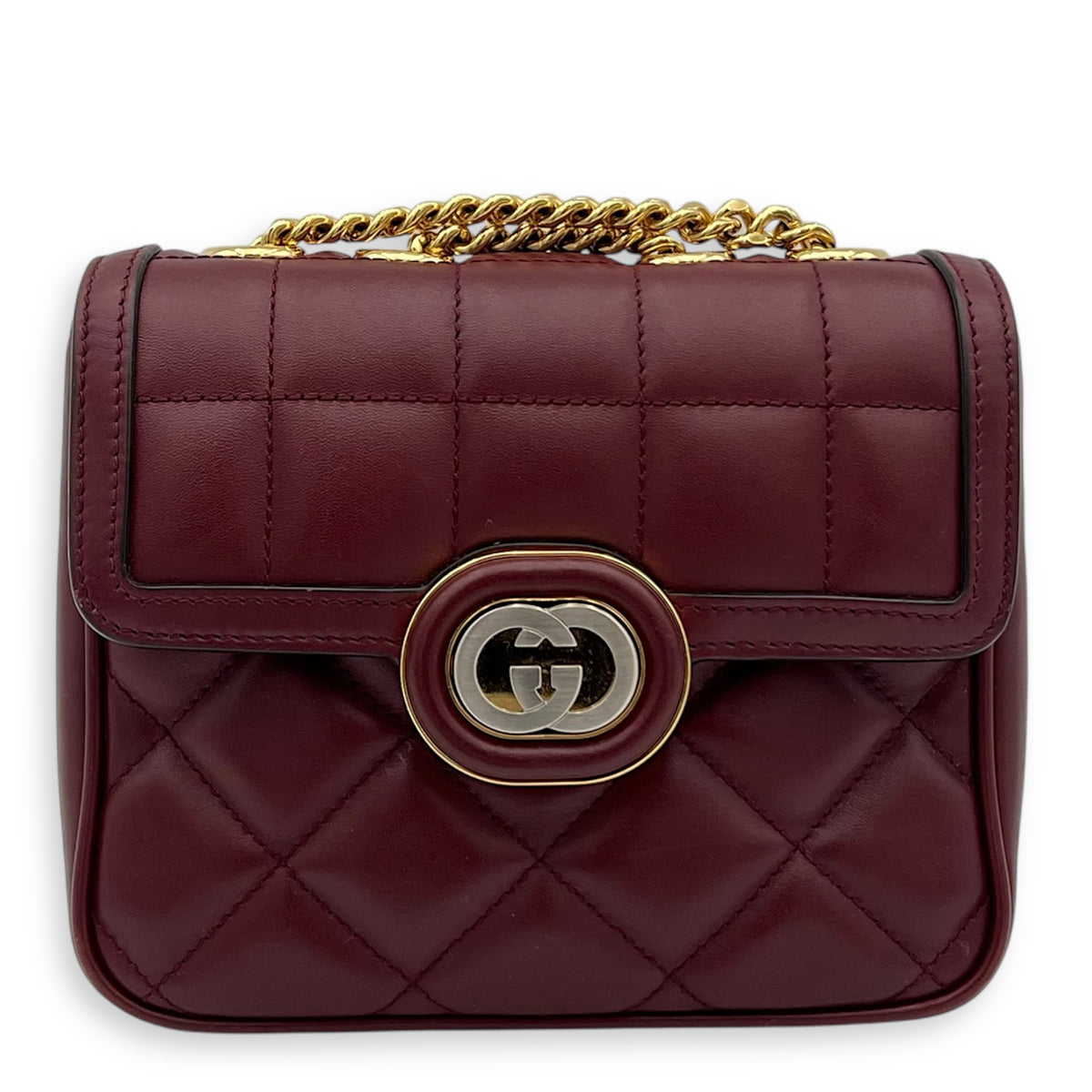 Interlocking GG Deco Shoulder Bag Red in Calfskin, Gold hardware