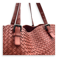 Intrecciato Tote Bag Red in Calfskin, Ruthenium hardware