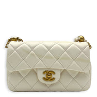 Rectangle Pearl Chain Shoulder Bag White in Lambskin, Gold hardware