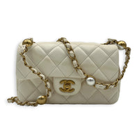 Rectangle Pearl Chain Shoulder Bag White in Lambskin, Gold hardware