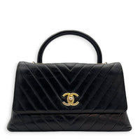 Coco Chevron Black Top Handle Bag in Calfskin, Gold hardware