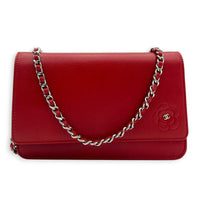 Camelia Wallet On Chain Red in Calfskin, Silver hardware