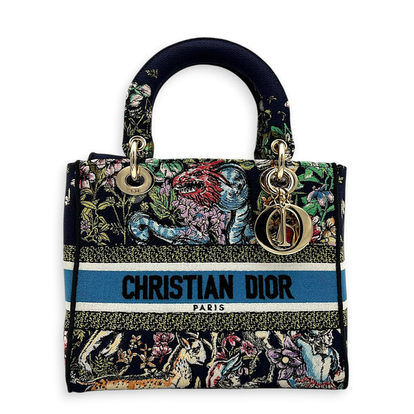 Lady Dior Medium Black Top Handle Bag in Canvas, Gold hardware