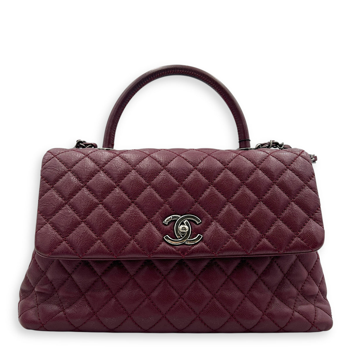 Coco Handle Quilted Top Handle Bag Red in Caviar Leather, Ruthenium hardware