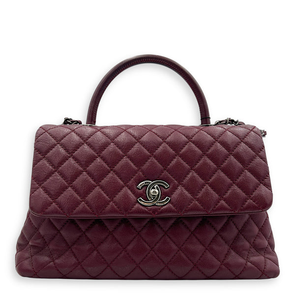 Coco Handle Quilted Top Handle Bag Red in Caviar Leather, Ruthenium hardware