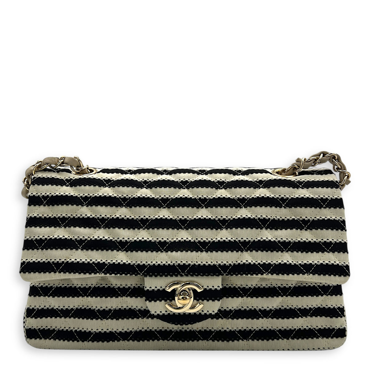 Coco Sailor Flap Black and White Shoulder Bag in Jersey, Silver hardware
