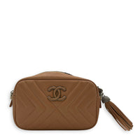 CC Camera Brown Crossbody Bag in Calfskin, Silver hardware