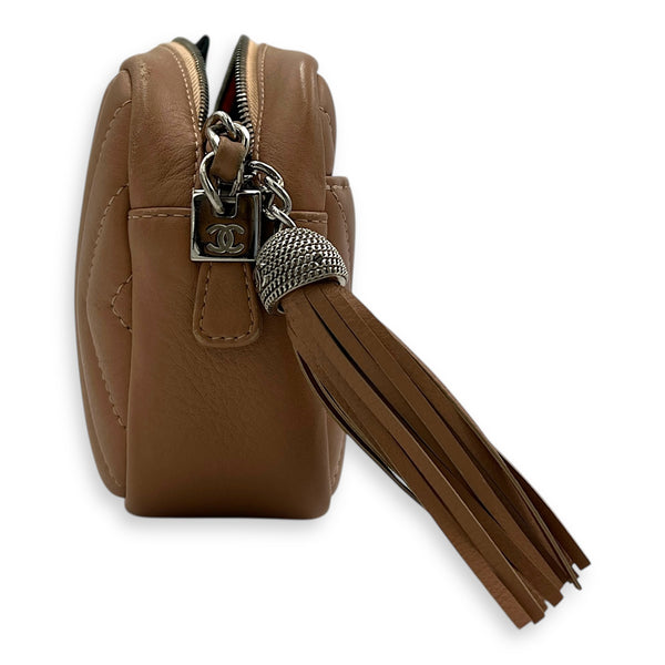 CC Camera Brown Crossbody Bag in Calfskin, Silver hardware