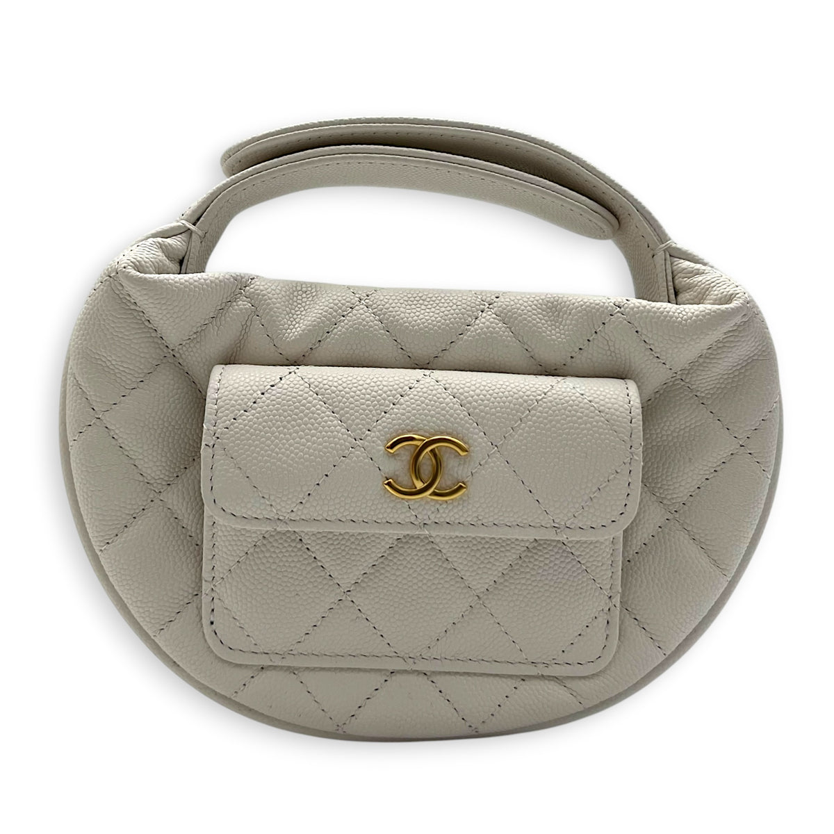 23B Mini Hobo Top Handle Bag White in Caviar Leather, Gold hardware